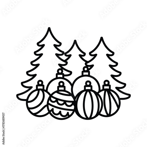Christmas tree ornaments and pine trees outline illustration