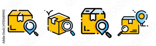 Package tracking icons: search for delivery location and shipping status