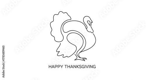Minimalist single line drawing of a turkey with the words happy thanksgiving below on a white background