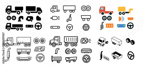 Vehicle parts icons and colored illustrations