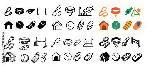 Dog training icons set: toys, leashes, collars