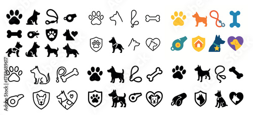 Dog icons collection: paws, leashes, bones, hearts