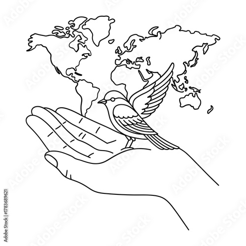 Dove of peace rests on open hands holding the world