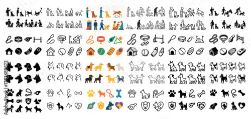 Dog icons set: silhouettes, toys, leashes