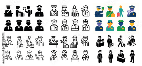 Diverse police and security personnel icons set