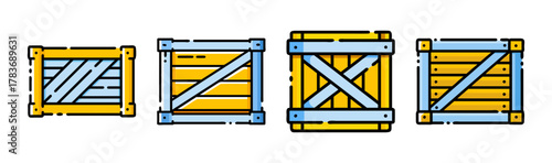 Set of four vector crates with wood and metal accents