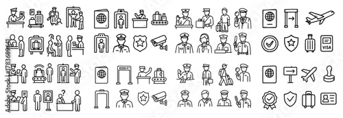 Travel icons: passport, security, boarding, visa, airport