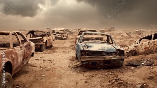 Abandoned vehicles in barren landscape under a dramatic cloudy sky