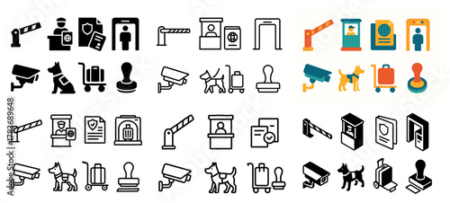 Airport security and surveillance icons collection