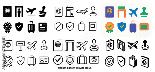 Airport border service icons in black and color
