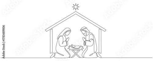 Continuous one line Christmas vector Christian nativity scene of baby Jesus with Mary and Joseph. Bethlehem scene. Editable line
