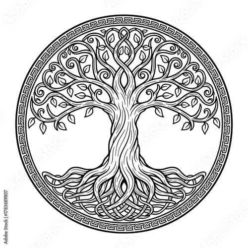 Celtic Tree of Life Symbol – Sacred Knotwork Yggdrasil Design for Tattoos, Spiritual Art, and Pagan Decor, vector illustration, isolated black and white, Vector art