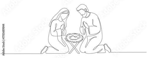 Continuous one line Christmas vector Christian nativity scene of baby Jesus with Mary and Joseph. Bethlehem scene. Editable line