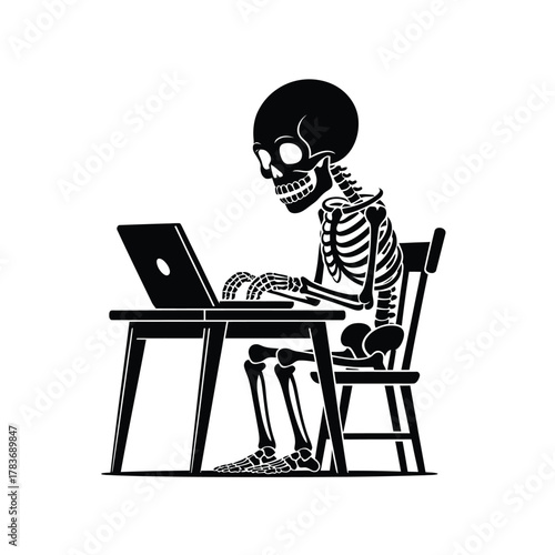 Skeleton working on a laptop at a desk
