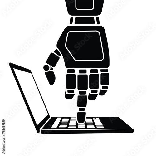 Robot hand typing on a laptop computer keyboard