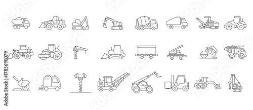Set of outline icons representing construction vehicles and heavy equipment. Includes line illustrations of dump truck, excavator, bulldozer, crane, cement mixer, roller, forklift, grader, road cutter