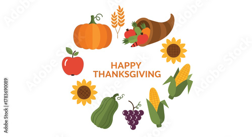 Happy thanksgiving greeting card with a circular arrangement of autumn harvest fruits vegetables and flowers on a white background