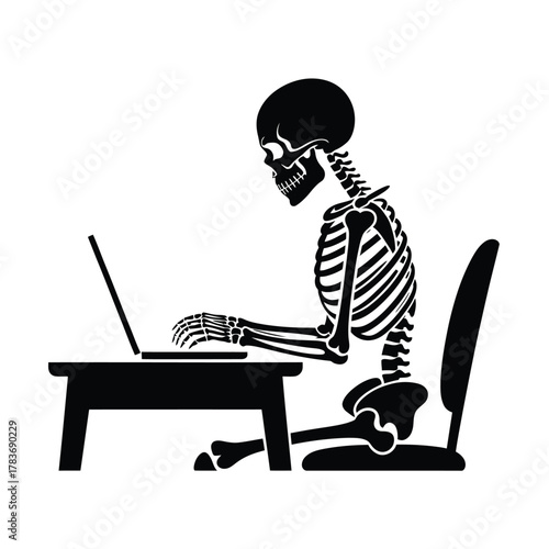 Skeleton working on a laptop at a desk