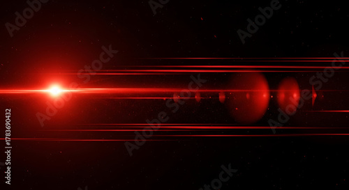 Red lens flare effect with horizontal light streaks and bokeh creating a dramatic and cinematic atmosphere for science fiction or futuristic designs and backgrounds