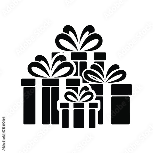 Pile of black gift boxes with ribbons and bows silhouette