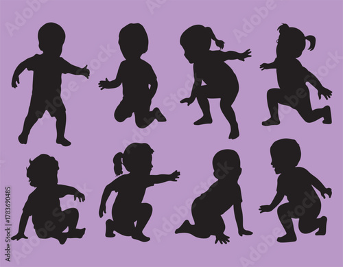 Active child silhouettes set of toddlers and babies playing