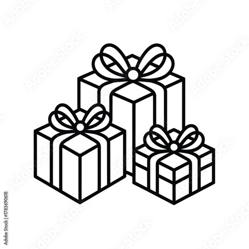 Three simple outline gift boxes with ribbons and bows