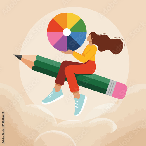 An imaginative illustration of a female artist sitting on a pencil, holding a color wheel, embodying creativity and inspiration in artistic expression.