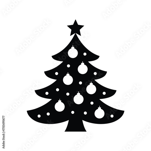 Black silhouette of a decorated christmas tree with ornaments and star