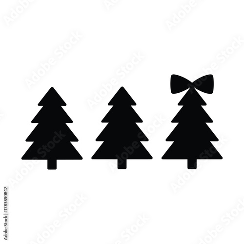 Three black silhouette christmas trees with a bow