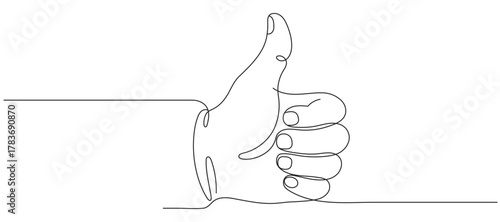 Continuous one line drawing of like hand showing thumb up. Vector illustration. Editable line