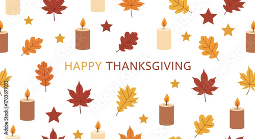 Happy thanksgiving greeting card with autumn leaves stars and lit candles on a white background