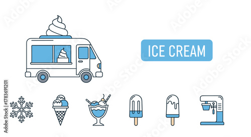 Minimalistic linear vector cartoon illustration featuring an ice cream truck with a swirl of soft serve on top and a window display, accompanied by various ice cream treats like a cone, sundae