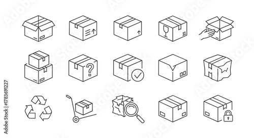 Set of outline icons related to cargo and packaging, including open and closed boxes, stacked boxes, a box with a question mark, a box with a checkmark, a damaged box, a box with fragile symbol, a