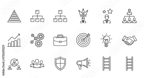 A collection of thin line icons representing business concepts such as hierarchy, organization, leadership, management, growth charts, gears, briefcases, targets, lightbulbs, handshakes, shields