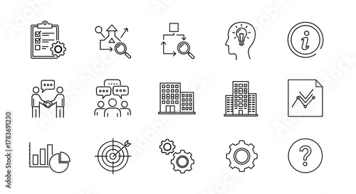 A comprehensive set of thin linear style icons representing consultation and business processes, including project management, process optimization, idea generation, collaboration, office buildings