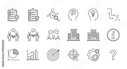 Modern thin linear style consultation icon set, featuring project management, process optimization, head with ideas, office buildings, information symbol, handshake, teamwork, target, gears, and