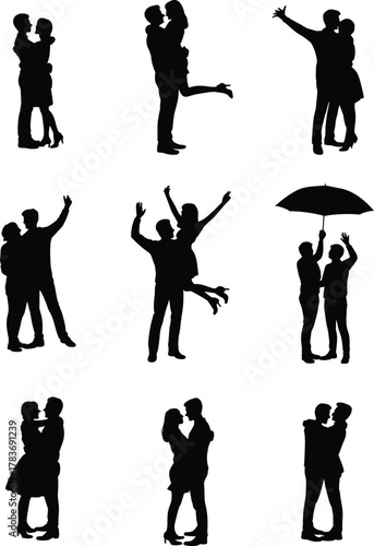 Romantic couple silhouette, love pose collection, hugging, dancing, lifting, umbrella scene, black shadow art, affectionate moments, 