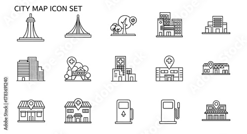 City Map Icon Set: A comprehensive collection of outline icons representing urban landmarks, including monuments, parks with trees and signage, various types of buildings like hospitals and offices