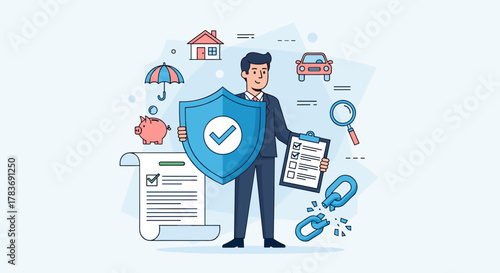 Business man holding a shield with a checkmark, symbolizing protection and assurance, surrounded by icons representing insurance policies like home, car, piggy bank, and umbrella, alongside a