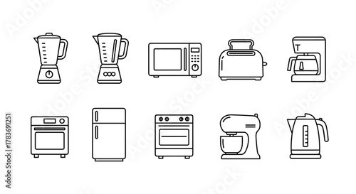 Collection of kitchen appliances outline icons, presented in a clean line art style, perfect for home cooking and food preparation themes. Includes blender, microwave, toaster, coffee maker