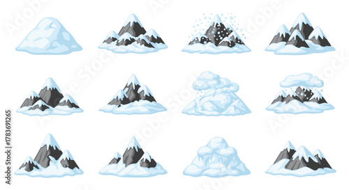 Realistic vector icons set of snowy mountains and hills summits, peaks, and snowdrifts with ice and snowfall, depicting winter weather conditions, blizzards, and seasonal landscapes for graphic