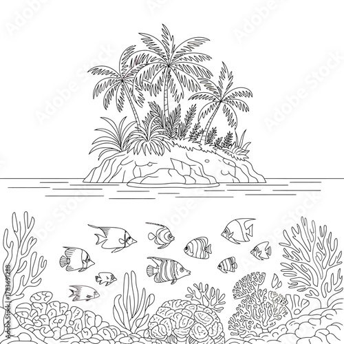 Tropical island with palm trees above clear ocean water and coral reef below