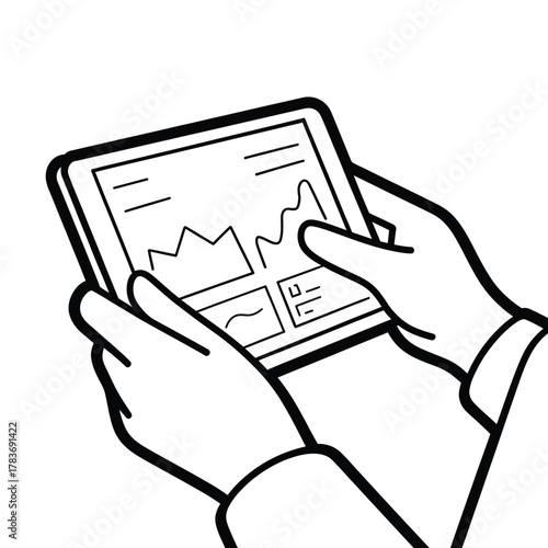 Hands holding a tablet displaying financial charts and data analysis