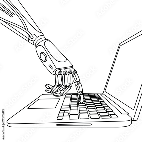 Robotic arm typing on a laptop keyboard in a line drawing