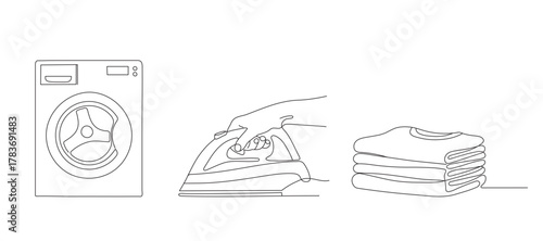 The laundry icons are designed in a continuous line style. They include a washing machine, a hand holding an iron, and a stack of folded clothes. Editable line