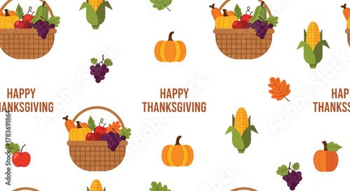 Happy thanksgiving seamless pattern with pumpkins corn grapes apples and autumn leaves on a white background