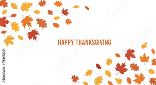 Happy thanksgiving greeting card with falling autumn leaves in warm orange and yellow colors