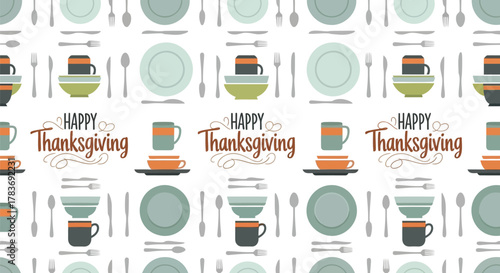 Happy thanksgiving seamless pattern with plates cups cutlery and bowls in a festive repeating design