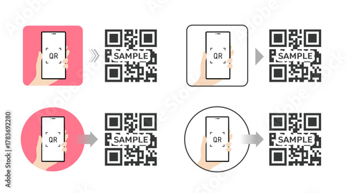 QR Code Scanning Guide Illustration｜QRコードの読み取り方法をわかりやすく説明した解説イラスト｜スマートフォンでのスキャン手順を段階的に示したUIチュートリアルデザイン