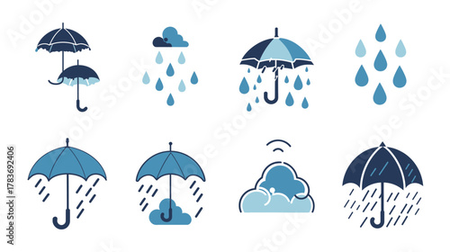 Vector pack of rain icons and raindrops on white background
